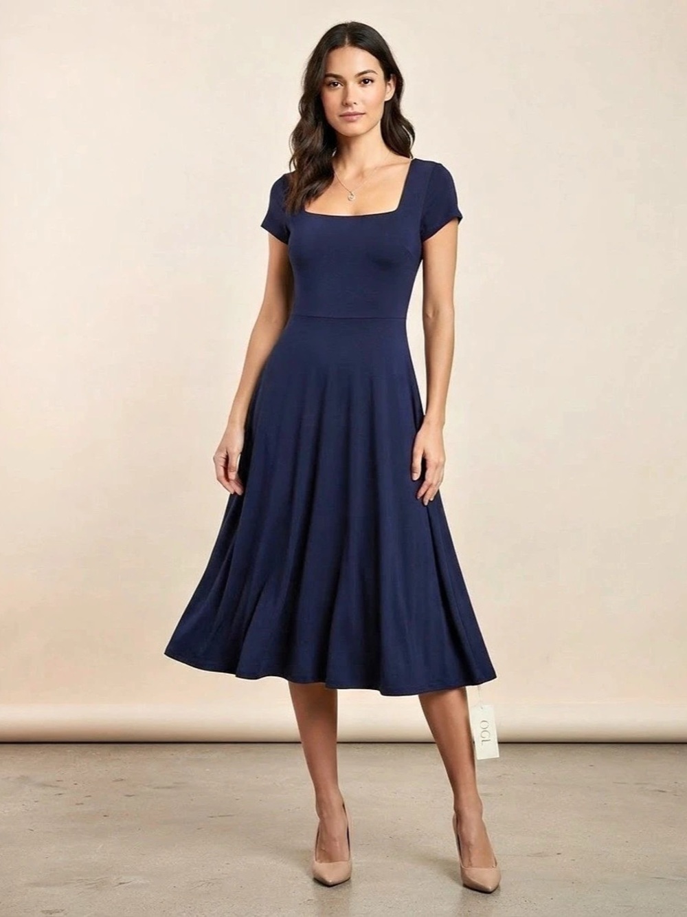 OGL Move Square Neck Cap Sleeve Midi Dress Navy Midi Dress (NWT)